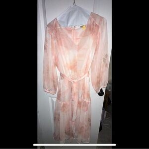 Calvin Klein Floral Chiffon V-Neck 3/4 Sleeve Tie Waist Dress